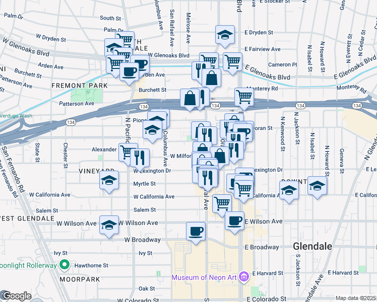 map of restaurants, bars, coffee shops, grocery stores, and more near 333 West Milford Street in Glendale