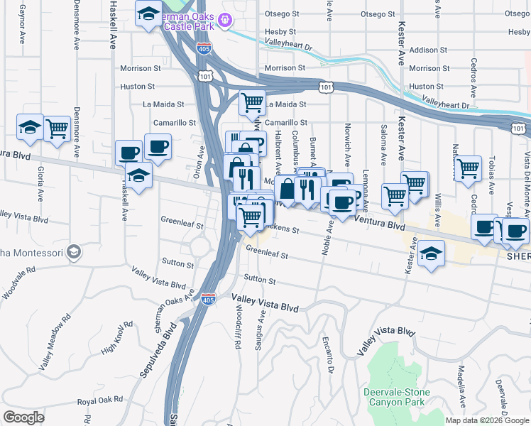 map of restaurants, bars, coffee shops, grocery stores, and more near 15260 Ventura Boulevard in Los Angeles