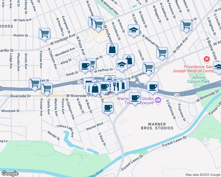 map of restaurants, bars, coffee shops, grocery stores, and more near 3900 West Alameda Avenue in Burbank