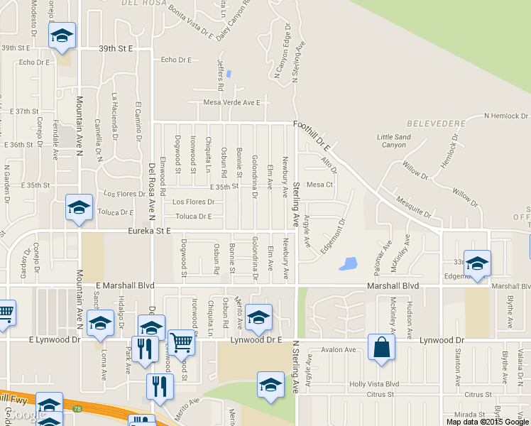 map of restaurants, bars, coffee shops, grocery stores, and more near 5550 Elm Avenue in San Bernardino