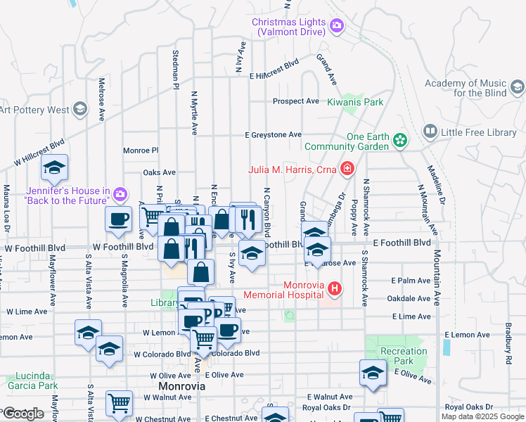 map of restaurants, bars, coffee shops, grocery stores, and more near 160 May Avenue in Monrovia