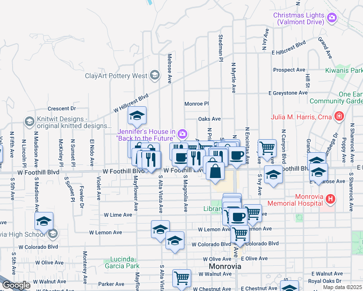 map of restaurants, bars, coffee shops, grocery stores, and more near 162 Melrose Avenue in Monrovia