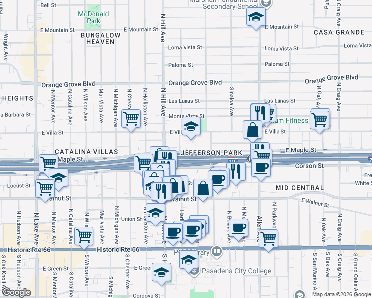 map of restaurants, bars, coffee shops, grocery stores, and more near 1500 East Villa Street in Pasadena