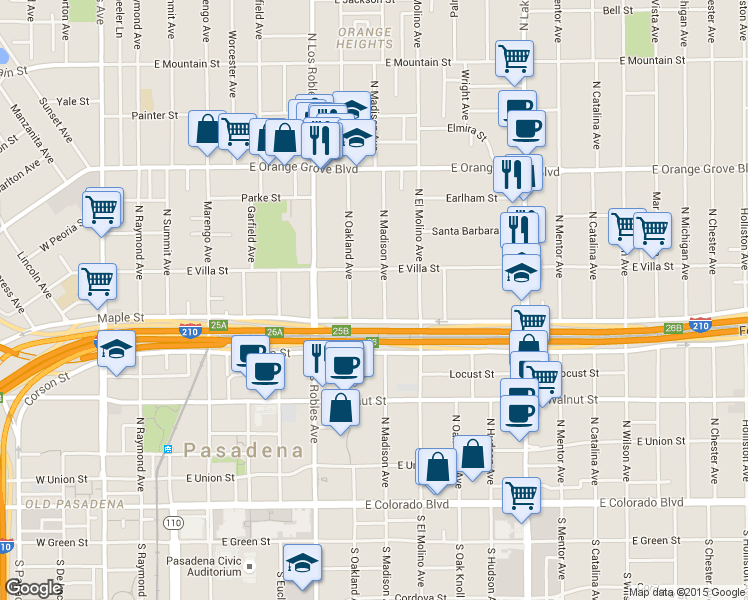 map of restaurants, bars, coffee shops, grocery stores, and more near 425 North Madison Avenue in Pasadena