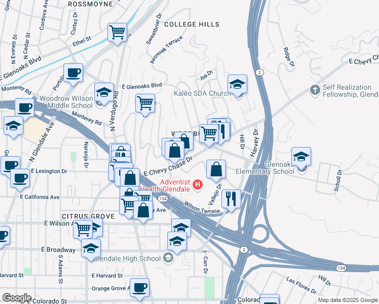 map of restaurants, bars, coffee shops, grocery stores, and more near 1506 Lynglen Drive in Glendale