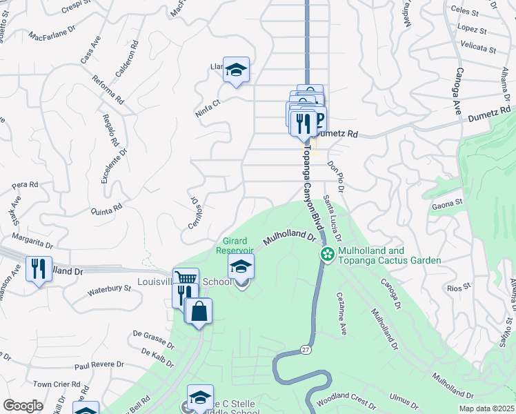 map of restaurants, bars, coffee shops, grocery stores, and more near 22154 Avenue Morelos in Los Angeles