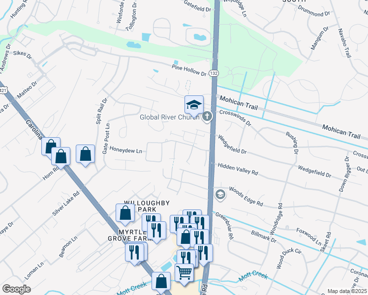 map of restaurants, bars, coffee shops, grocery stores, and more near 4632 Still Meadow Drive in Wilmington
