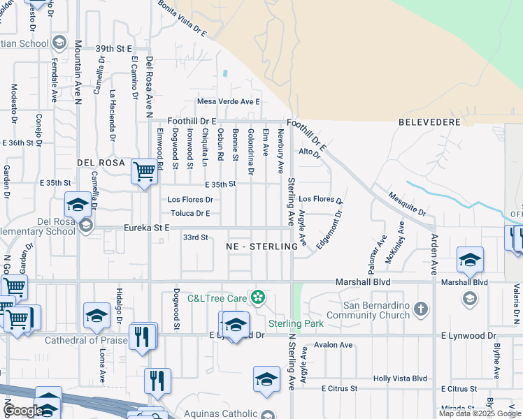 map of restaurants, bars, coffee shops, grocery stores, and more near 5550 Elm Avenue in San Bernardino