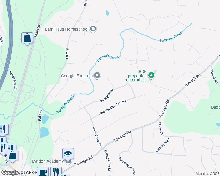 map of restaurants, bars, coffee shops, grocery stores, and more near 602 Laurel Ridge Road in Woodstock