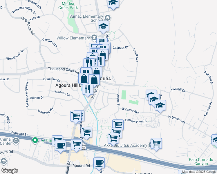 map of restaurants, bars, coffee shops, grocery stores, and more near 28961 Oakpath Drive in Agoura Hills