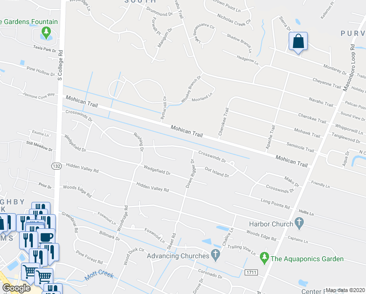 map of restaurants, bars, coffee shops, grocery stores, and more near 4928 Crosswinds Drive in Wilmington