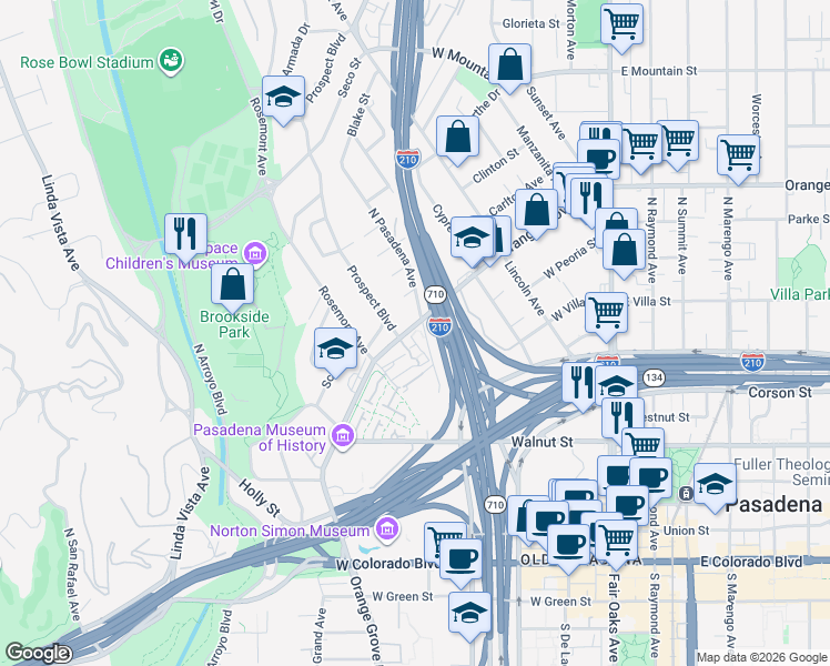 map of restaurants, bars, coffee shops, grocery stores, and more near 554 North Orange Grove Boulevard in Pasadena