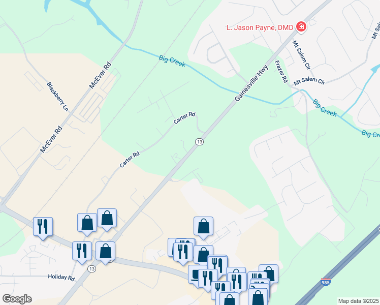 map of restaurants, bars, coffee shops, grocery stores, and more near 981 Atlanta Highway in Buford