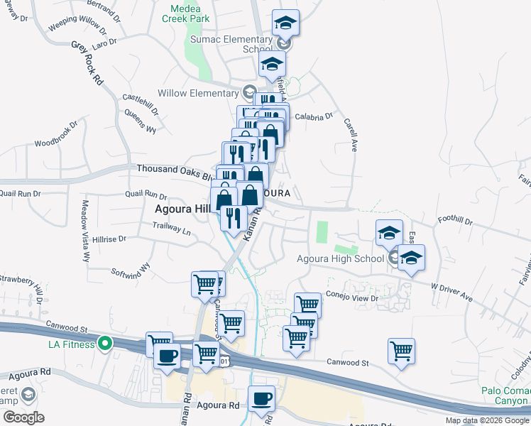 map of restaurants, bars, coffee shops, grocery stores, and more near 28961 Oakpath Drive in Agoura Hills
