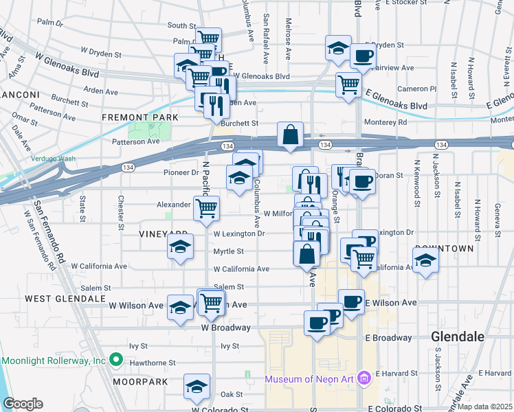 map of restaurants, bars, coffee shops, grocery stores, and more near in Glendale