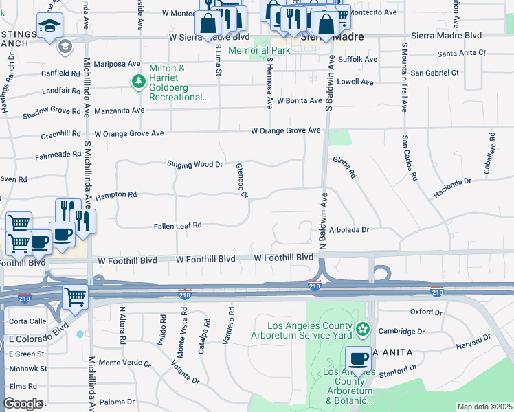 map of restaurants, bars, coffee shops, grocery stores, and more near 870 Fallen Leaf Road in Arcadia