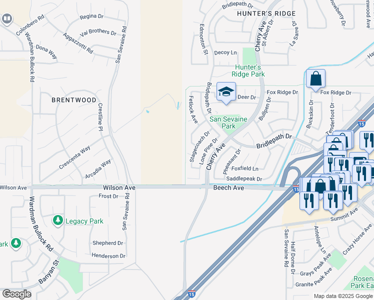 map of restaurants, bars, coffee shops, grocery stores, and more near 14508 Halter Court in Fontana