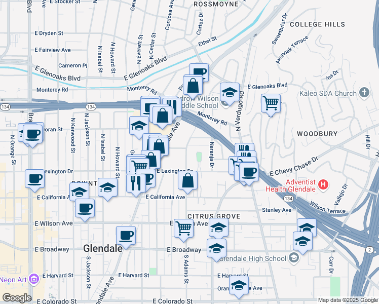 map of restaurants, bars, coffee shops, grocery stores, and more near 525 North Adams Street in Glendale
