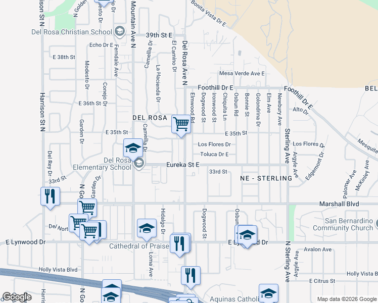 map of restaurants, bars, coffee shops, grocery stores, and more near 5548 Elmwood Road in San Bernardino