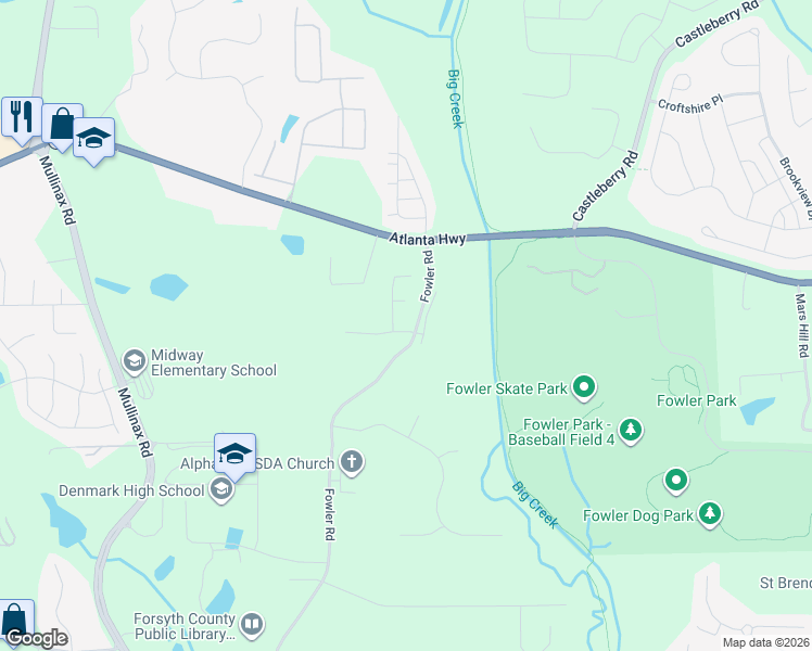 map of restaurants, bars, coffee shops, grocery stores, and more near 210 Fowler Springs Court in Alpharetta