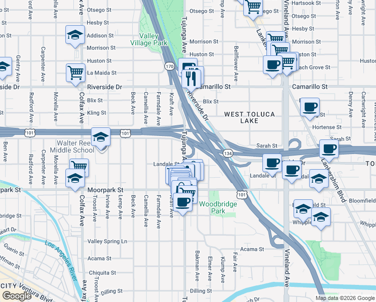 map of restaurants, bars, coffee shops, grocery stores, and more near 4532 Tujunga Avenue in Los Angeles