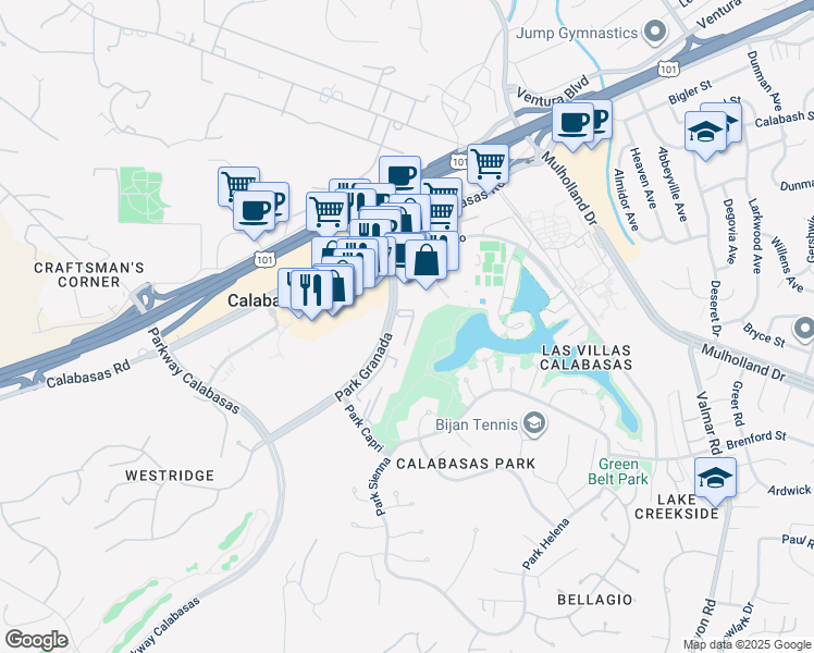 map of restaurants, bars, coffee shops, grocery stores, and more near 4734 Park Granada in Calabasas