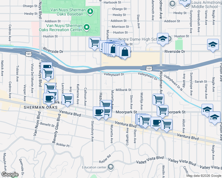 map of restaurants, bars, coffee shops, grocery stores, and more near 14043 Milbank Street in Los Angeles