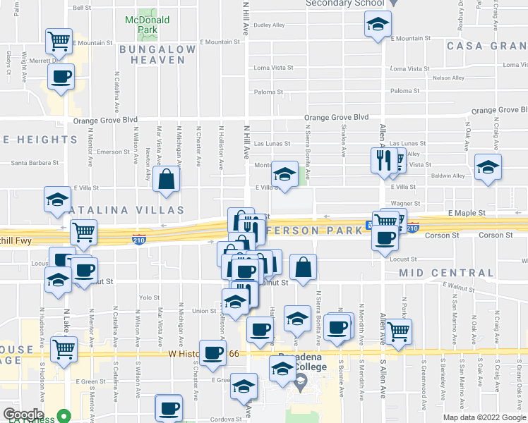 map of restaurants, bars, coffee shops, grocery stores, and more near 407 Hamilton Avenue in Pasadena
