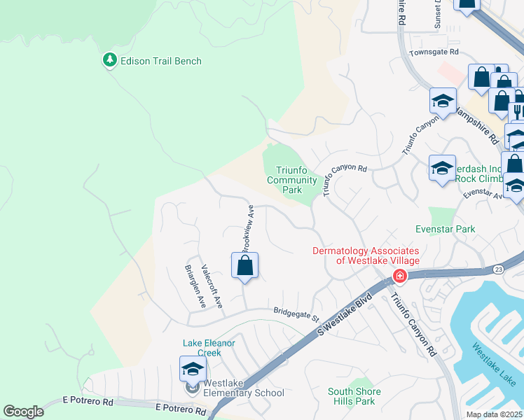 map of restaurants, bars, coffee shops, grocery stores, and more near 1027 Stoneshead Court in Westlake Village
