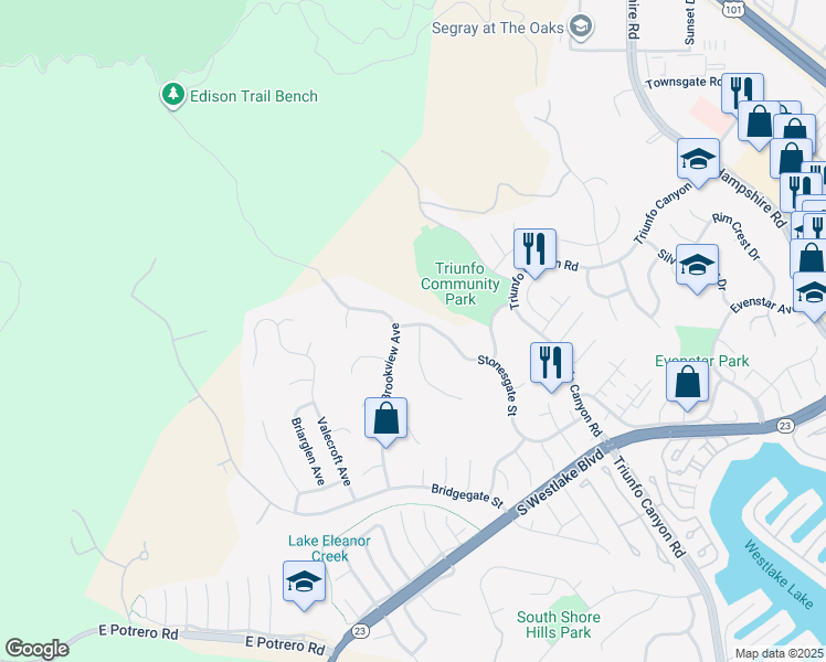 map of restaurants, bars, coffee shops, grocery stores, and more near 1027 Stoneshead Court in Westlake Village
