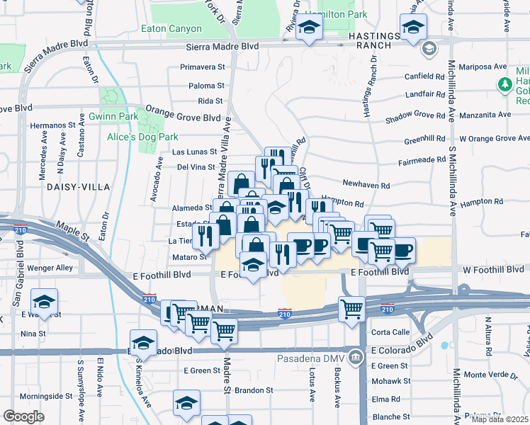 map of restaurants, bars, coffee shops, grocery stores, and more near 3373 East Foothill Boulevard in Pasadena