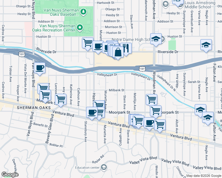 map of restaurants, bars, coffee shops, grocery stores, and more near 4505 Colbath Avenue in Los Angeles