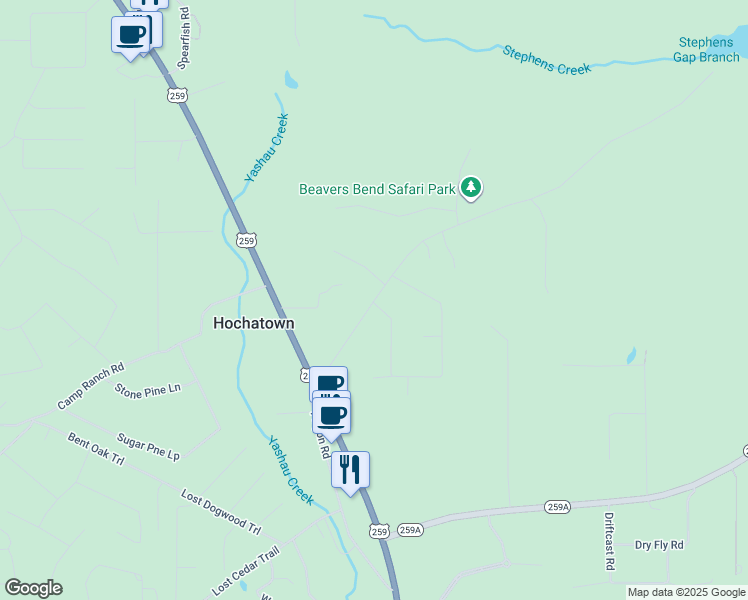 map of restaurants, bars, coffee shops, grocery stores, and more near 42 Paradise Lane in Broken Bow