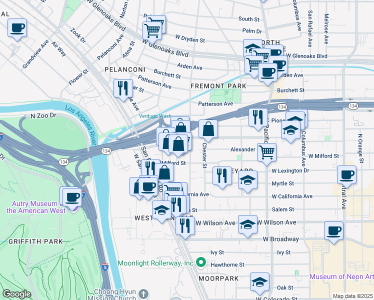 map of restaurants, bars, coffee shops, grocery stores, and more near 525 Concord Street in Glendale