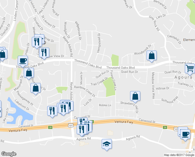 map of restaurants, bars, coffee shops, grocery stores, and more near 30024 Quail Run Drive in Agoura Hills