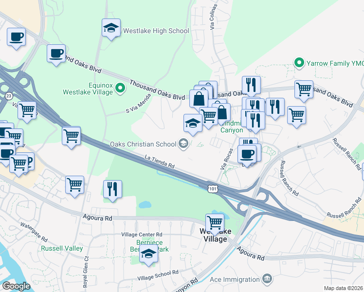 map of restaurants, bars, coffee shops, grocery stores, and more near 31749 La Tienda Road in Westlake Village