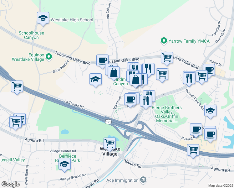 map of restaurants, bars, coffee shops, grocery stores, and more near 31200 Cedar Valley Drive in Westlake Village