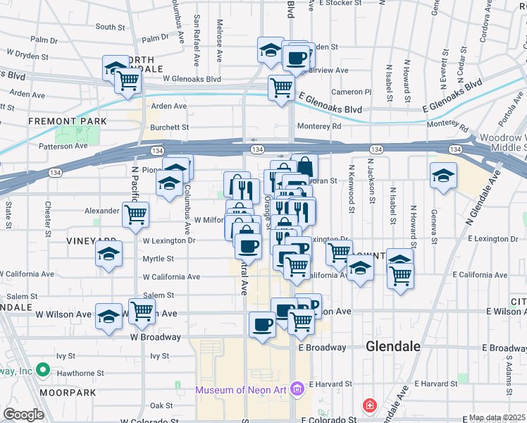 map of restaurants, bars, coffee shops, grocery stores, and more near 521 North Orange Street in Glendale