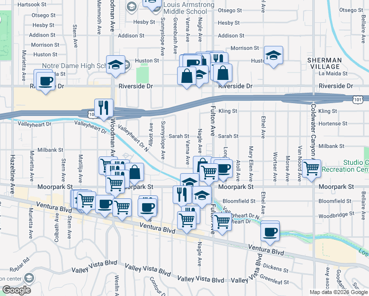 map of restaurants, bars, coffee shops, grocery stores, and more near 4547 Varna Avenue in Los Angeles