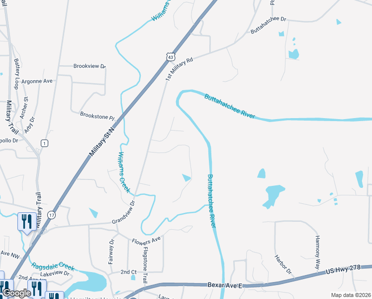 map of restaurants, bars, coffee shops, grocery stores, and more near 253 North Riverside Drive in Hamilton