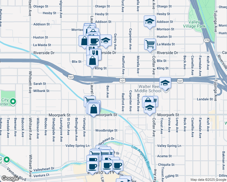 map of restaurants, bars, coffee shops, grocery stores, and more near 4533 Gentry Avenue in Los Angeles