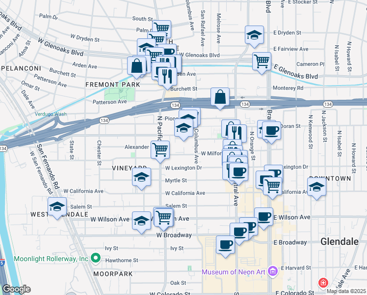 map of restaurants, bars, coffee shops, grocery stores, and more near 425 West Milford Street in Glendale