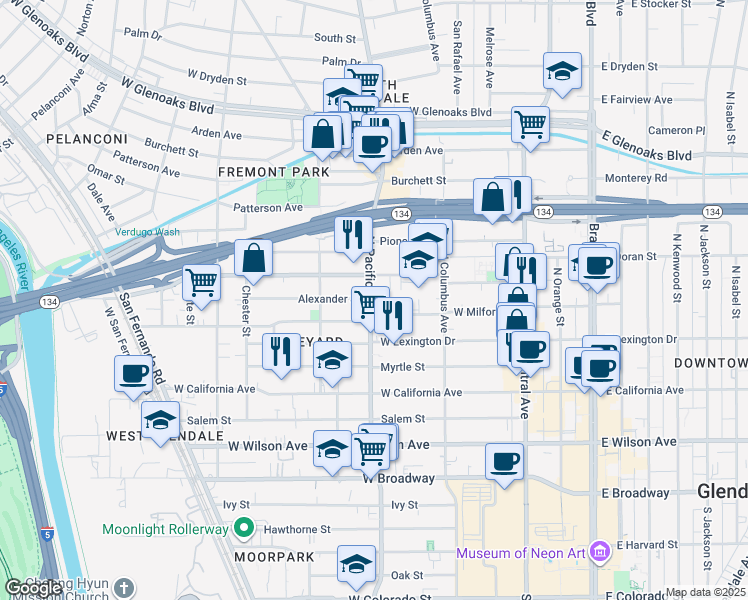 map of restaurants, bars, coffee shops, grocery stores, and more near 501 Alexander Street in Glendale