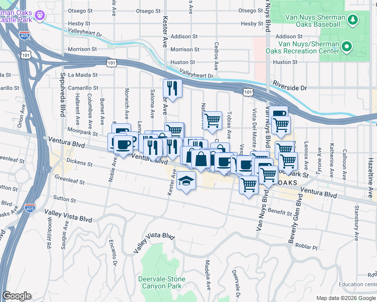 map of restaurants, bars, coffee shops, grocery stores, and more near 4542 Willis Avenue in Los Angeles
