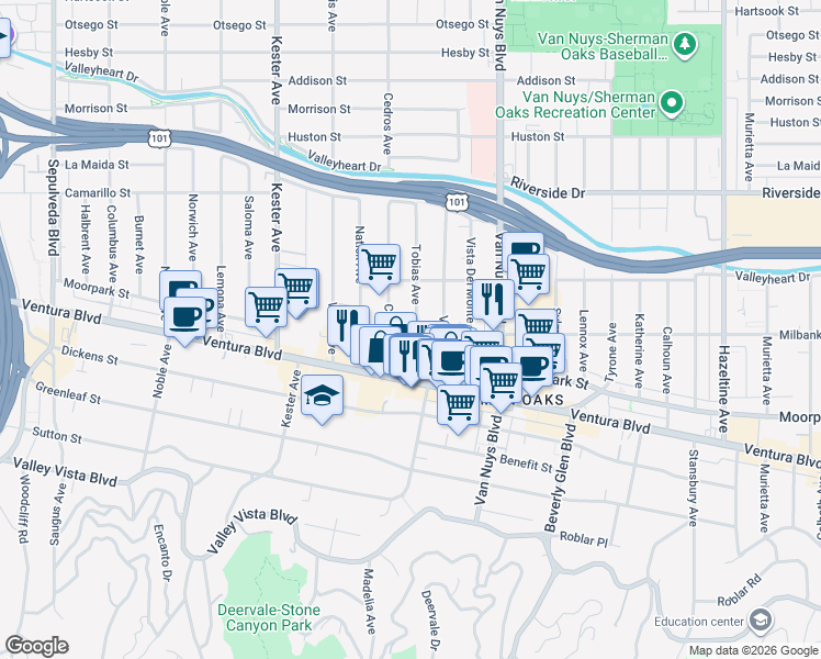 map of restaurants, bars, coffee shops, grocery stores, and more near 4513 Tobias Avenue in Los Angeles