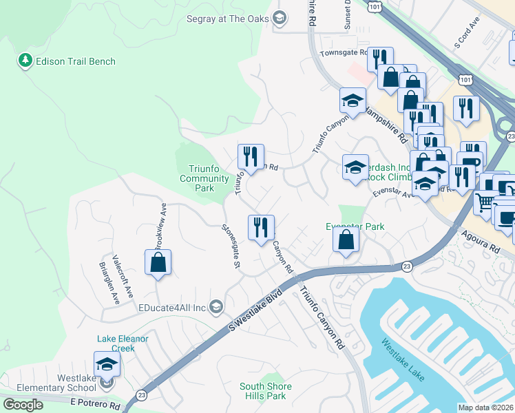 map of restaurants, bars, coffee shops, grocery stores, and more near 681 Triunfo Canyon Road in Westlake Village