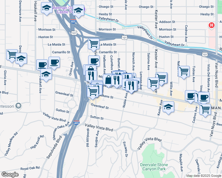 map of restaurants, bars, coffee shops, grocery stores, and more near 15200 Ventura Boulevard in Los Angeles