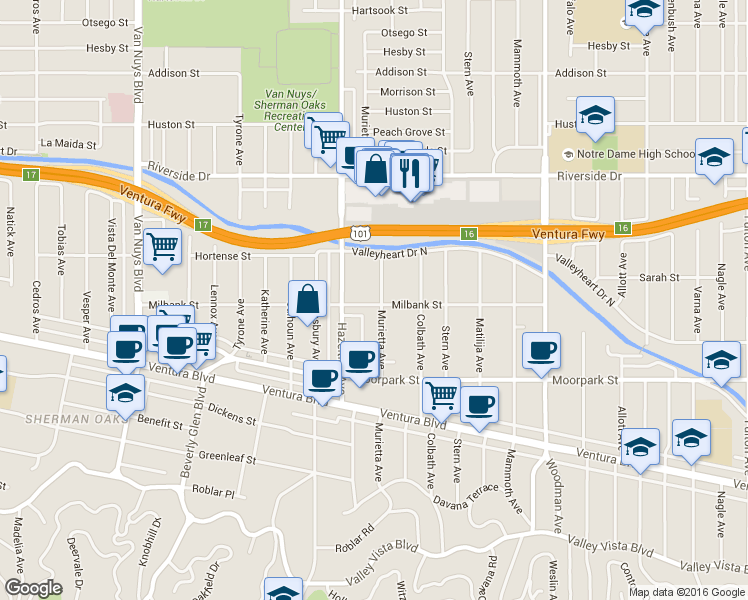 map of restaurants, bars, coffee shops, grocery stores, and more near 14043 Milbank Street in Los Angeles
