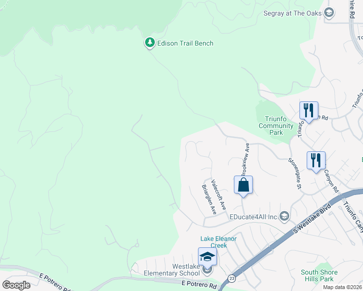map of restaurants, bars, coffee shops, grocery stores, and more near 1660 Valecroft Avenue in Westlake Village