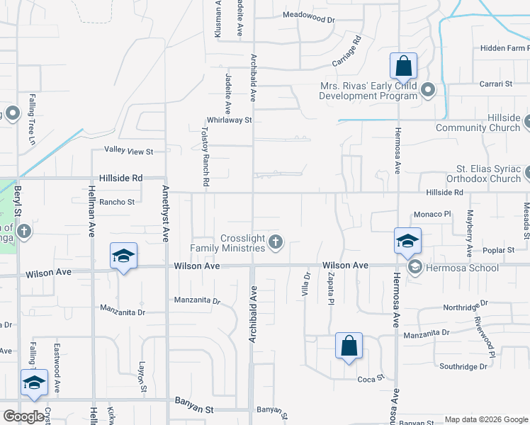 map of restaurants, bars, coffee shops, grocery stores, and more near 9730 Peach Tree Lane in Rancho Cucamonga